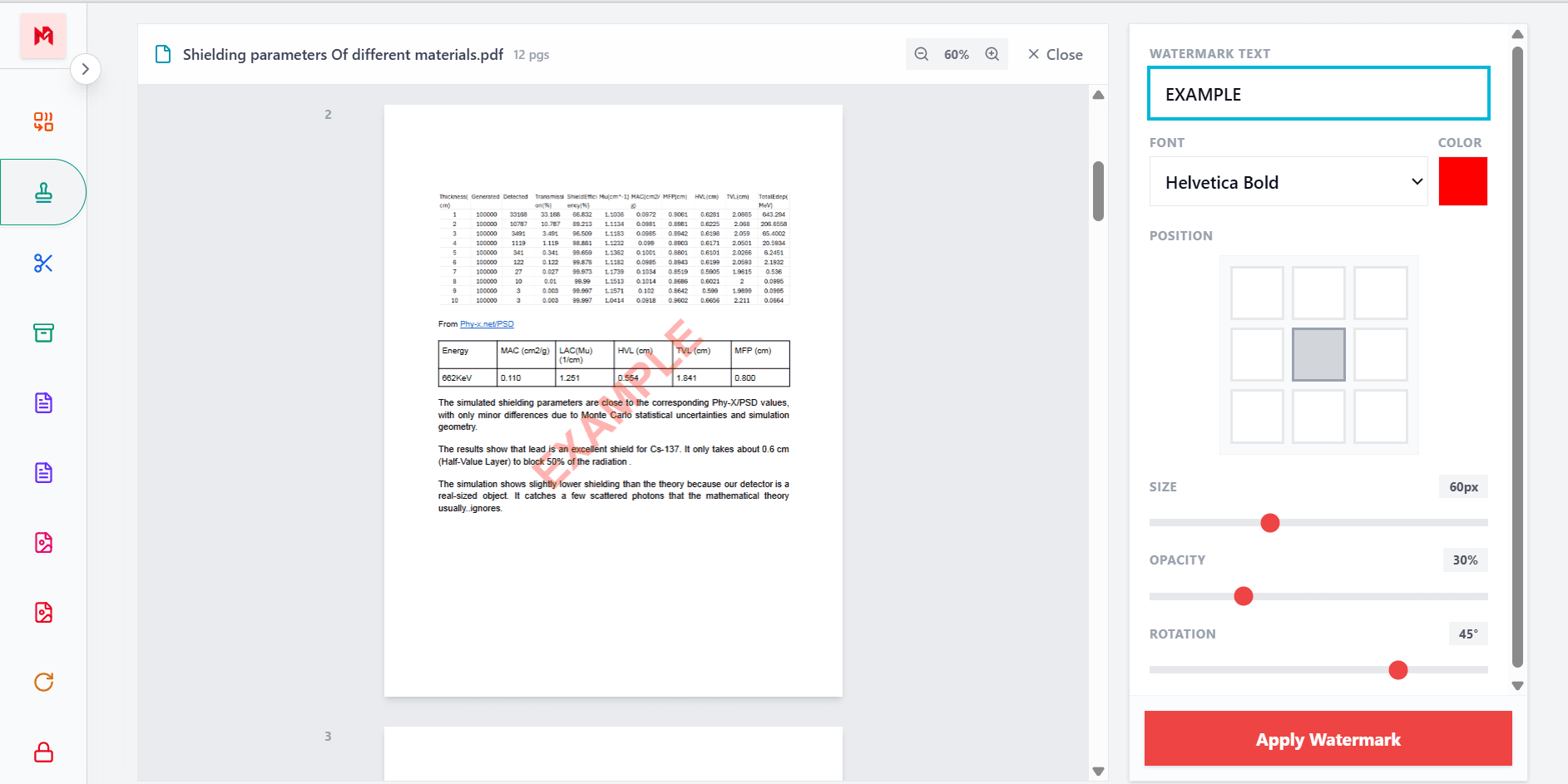 Customize PDF watermark font color opacity size and position