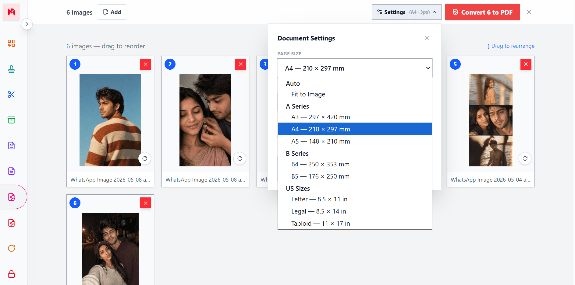 Choose page size margin and orientation for the output PDF