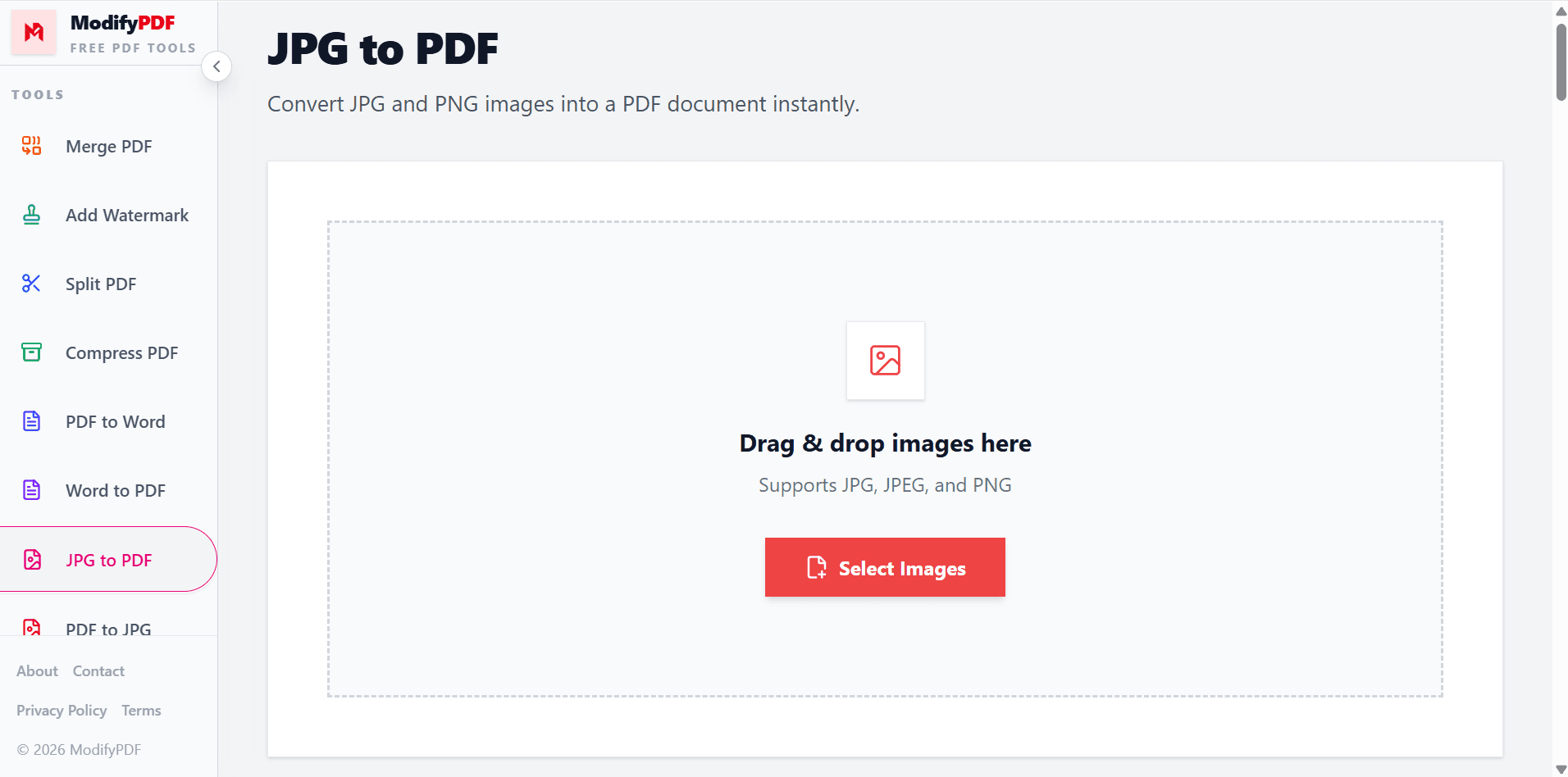 Upload JPG and PNG images to convert into a single PDF file