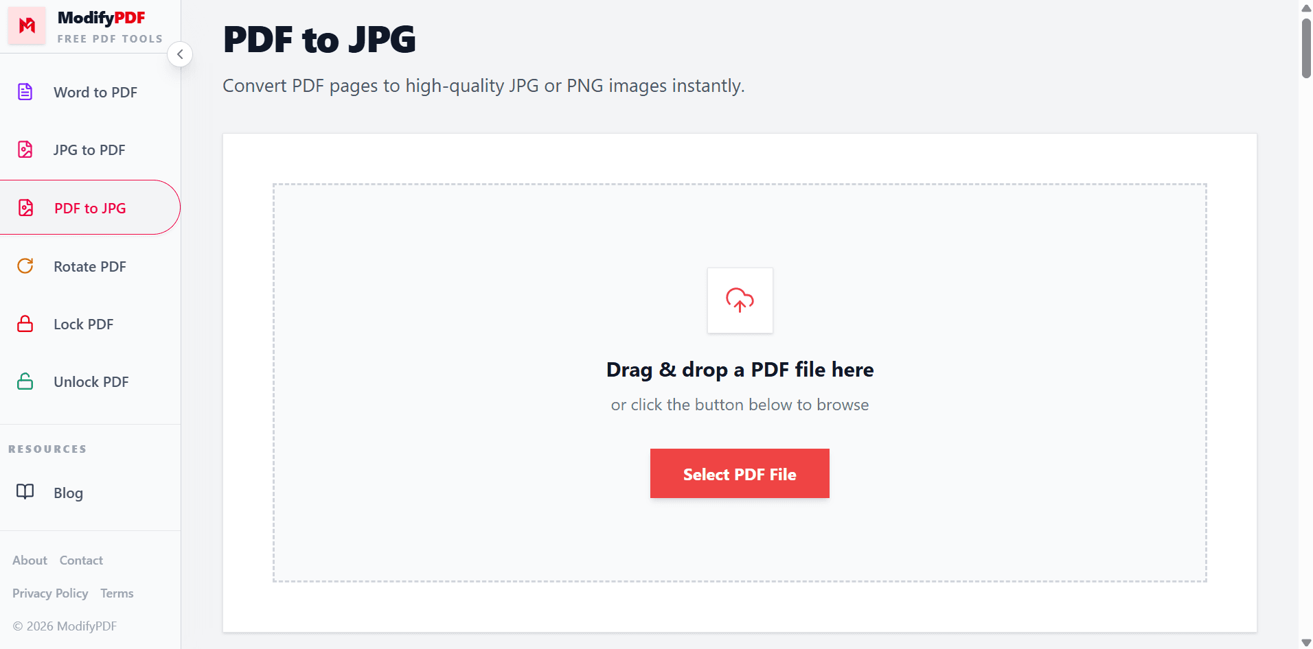 Upload a PDF to convert its pages into JPG or PNG images