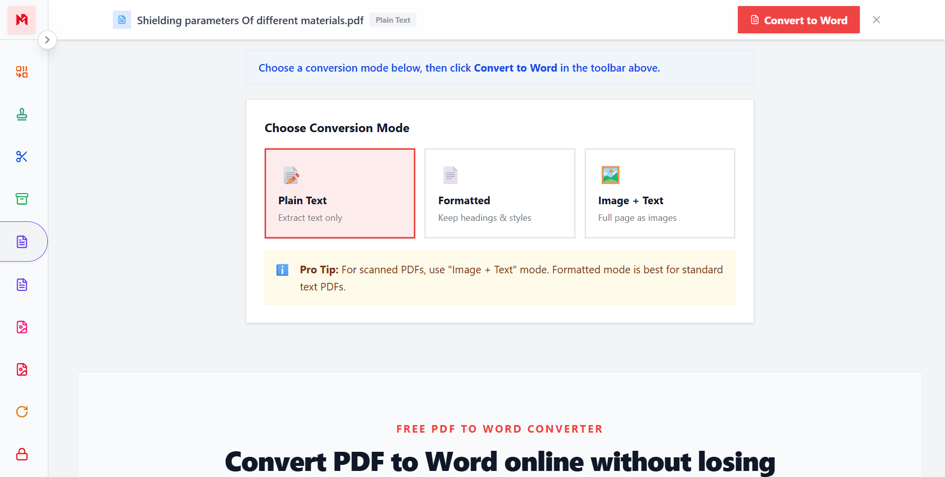 Three PDF to Word conversion modes: plain text, formatted, and image-preserved