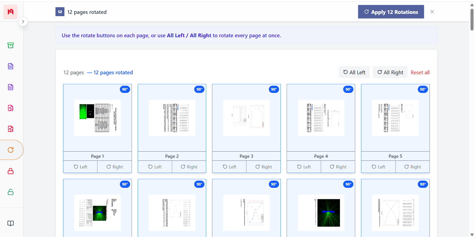 Rotate all PDF pages at once using All Left or All Right